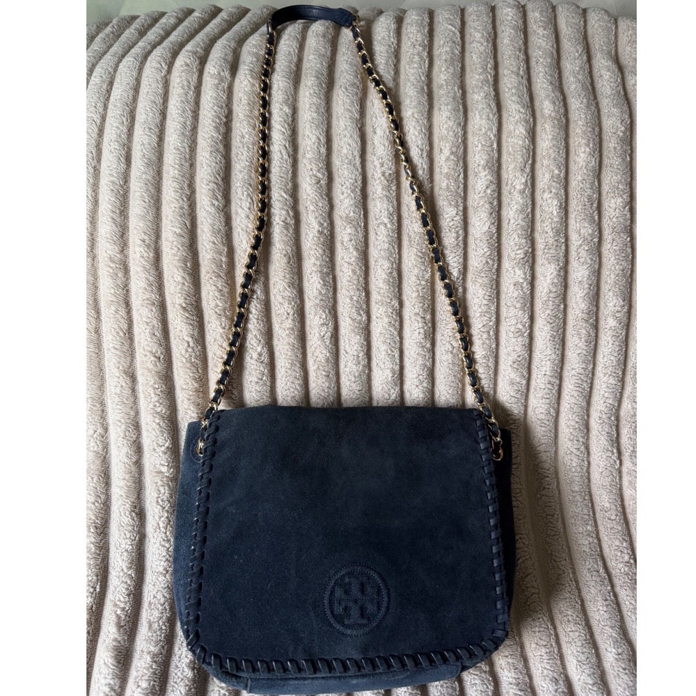 Tory Burch Marion Navy Blue Suede Whipstitch Chain Crossbody Bag